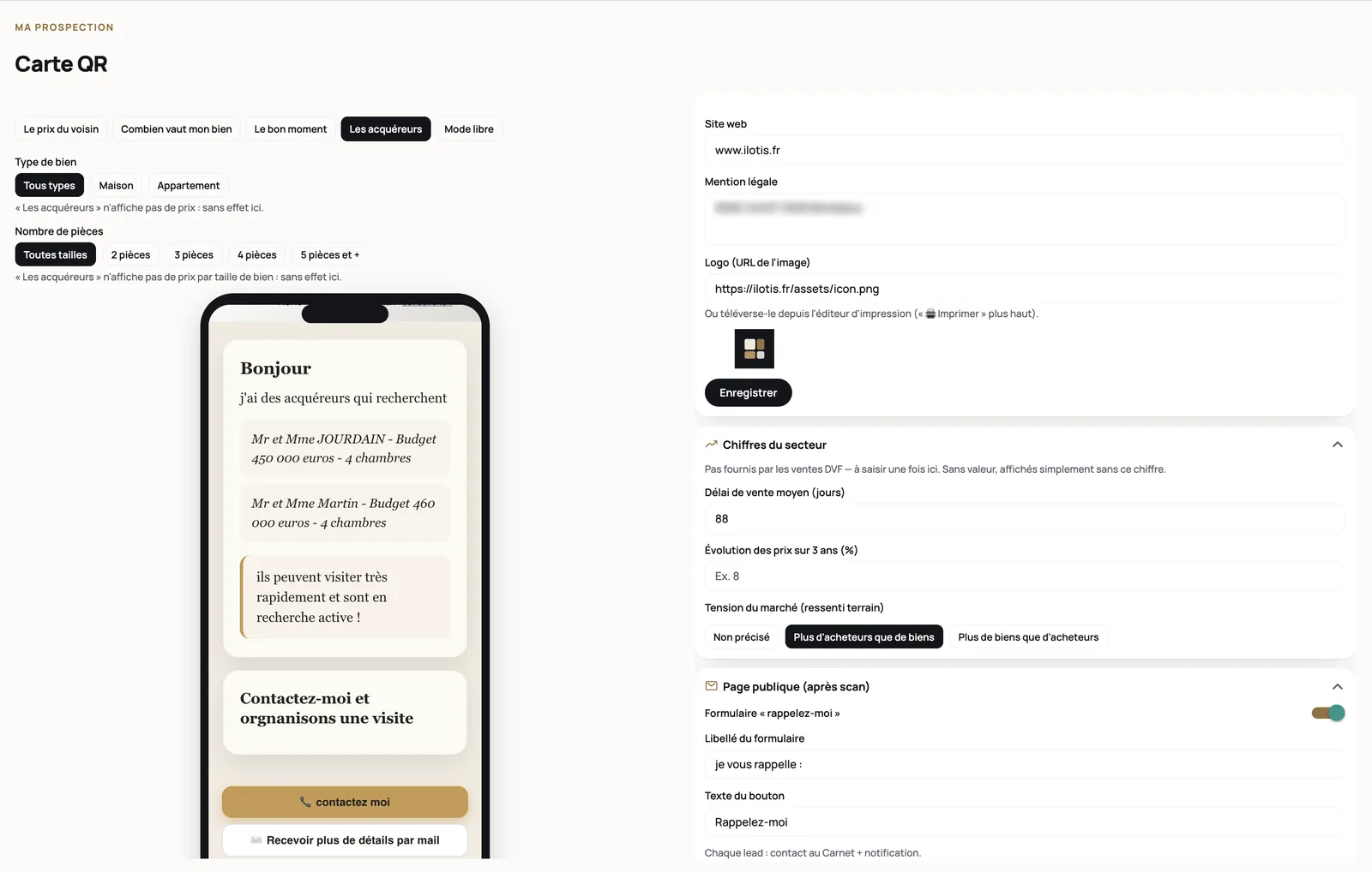 Page Cartes QR d'Ilotis sur ordinateur : l'aperçu d'une planche de cartes « avis de passage » à imprimer, avec le logo et les couleurs du conseiller