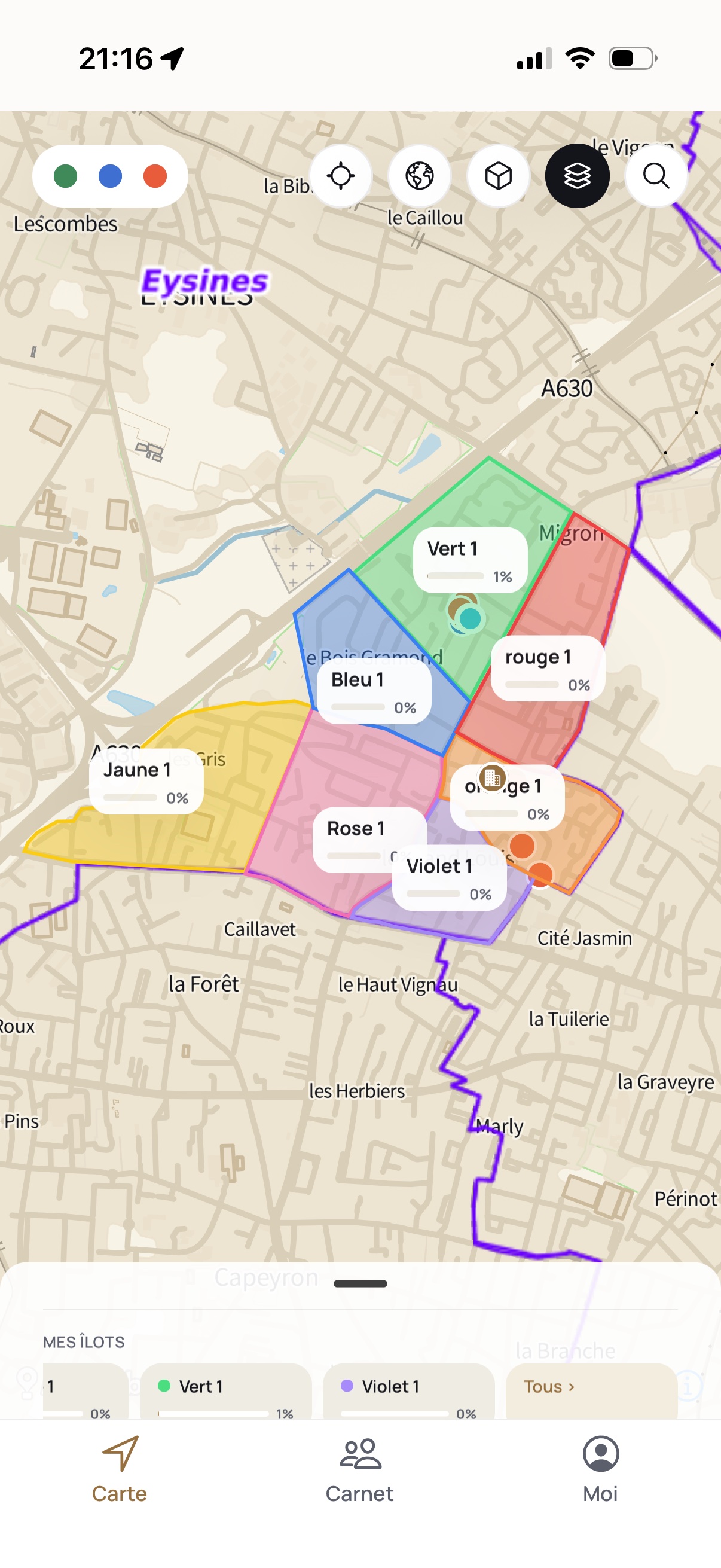 Carte Ilotis avec les îlots de prospection colorés
