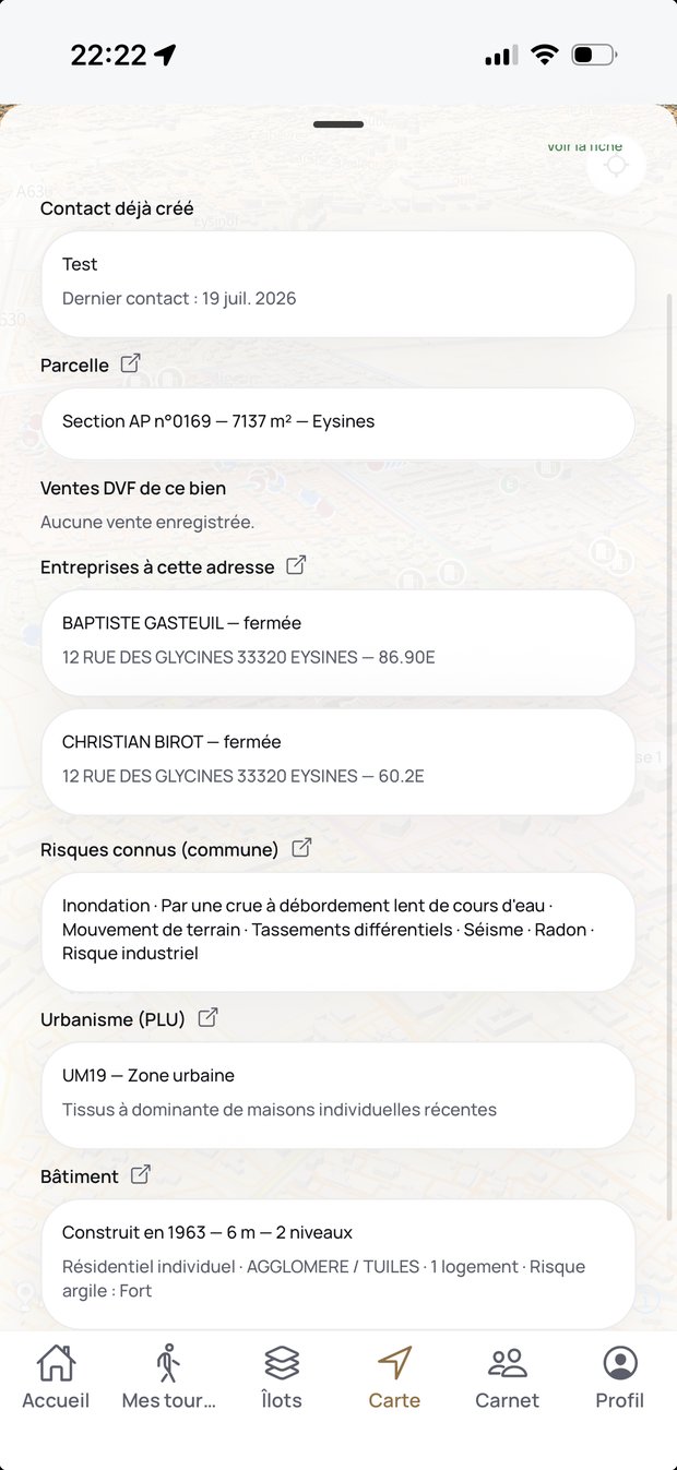 Fiche parcelle Ilotis : entreprises à proximité, risques, urbanisme, bâtiment